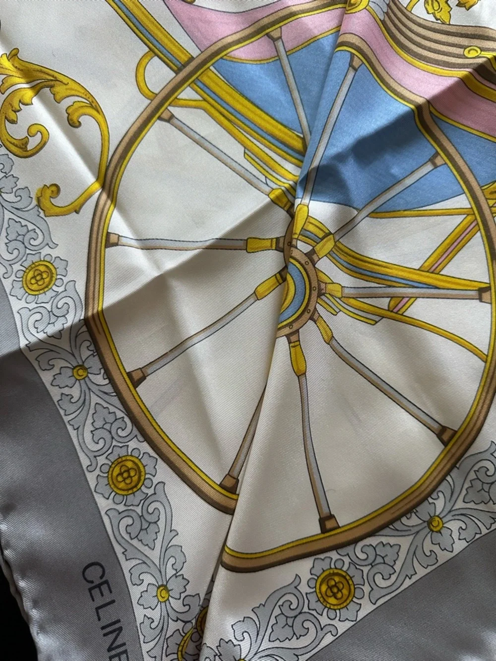 Vintage Celine Paris 100% Silk Scarf 33x34 Equestrian Carriage Wheel Print Italy - Picture 6 of 10